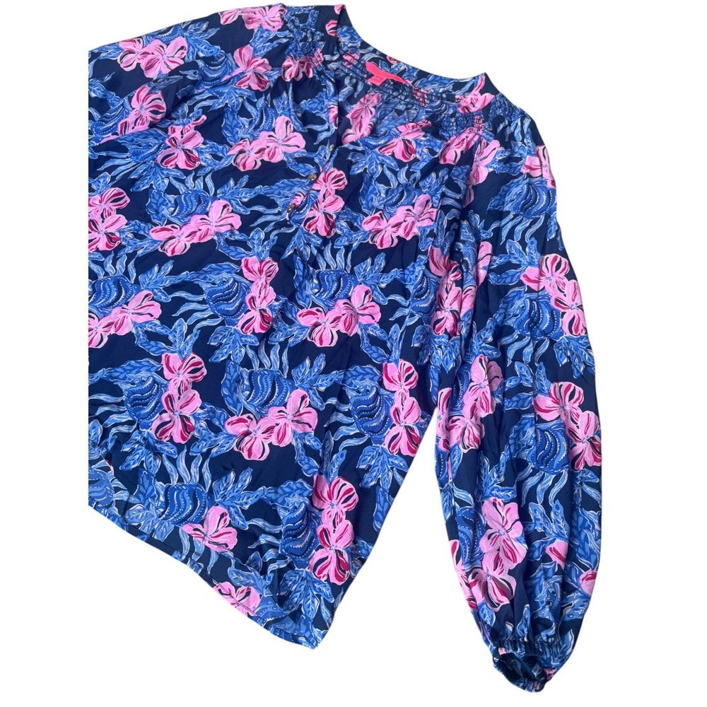Lilly Pulitzer Elsa 100% Silk Blouse Top XXL Low Tide Navy Colorful Tropical - Picture 7 of 12